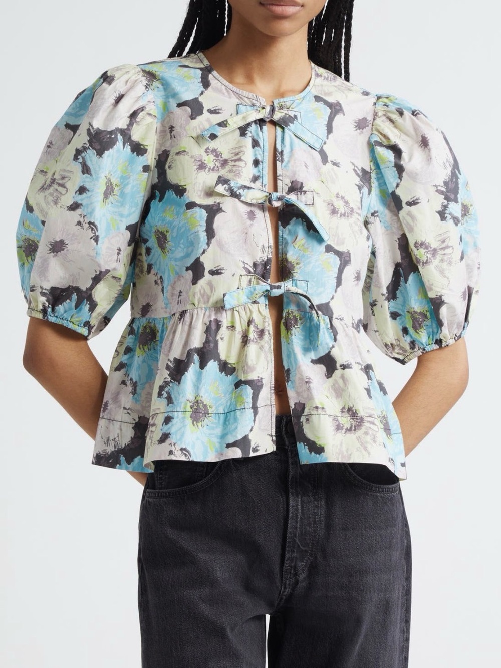 Ganni Peplum Blue and Yellow Floral Tie-Front Puff Sleeve Top
